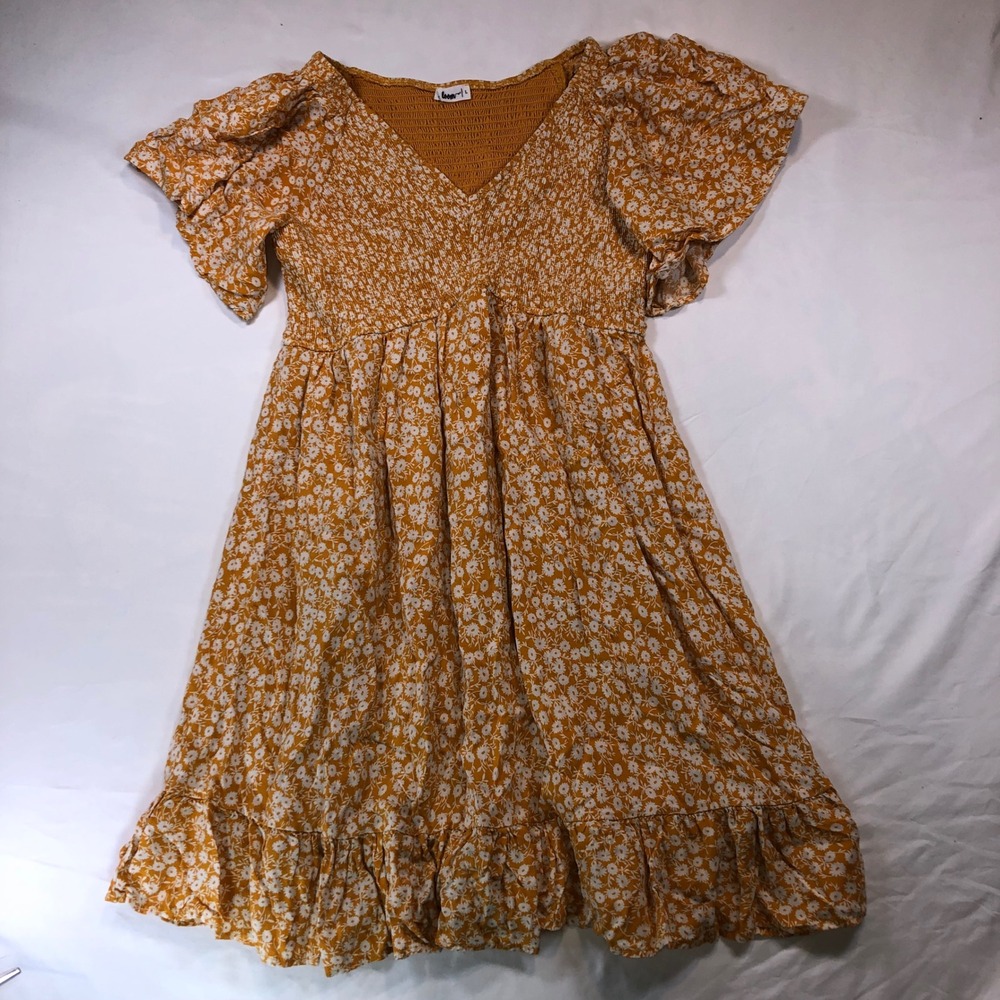 Loom Mustard Yellow Floral Smocked Mini Dress V-Neck Ruffle Hem Size L ILD2448-1